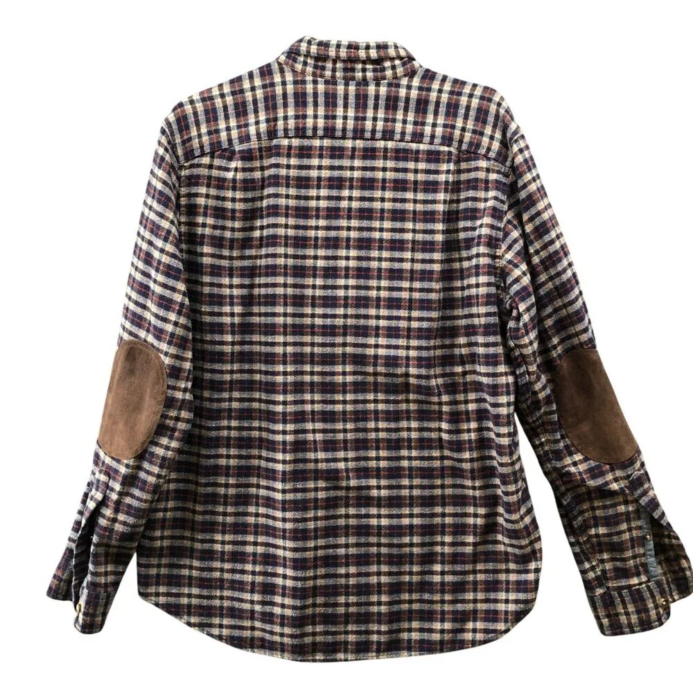 J. Crew Flannel‎ Shirt Mens L Elbow Patch Brown Blue Plaid Long Sleeve